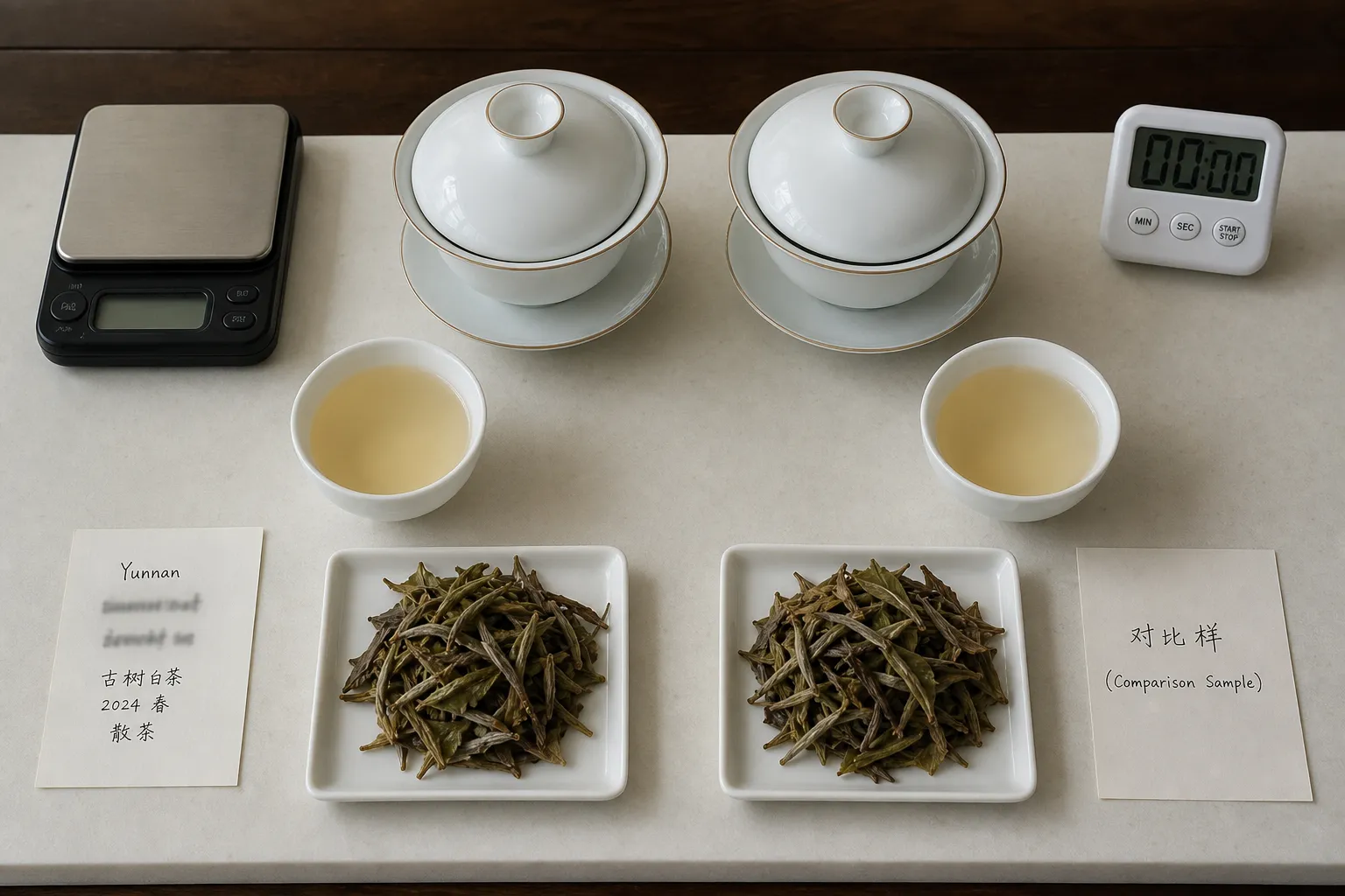 Side-by-side white tea tasting cups and wet leaves used to compare a Yunnan-labeled sample