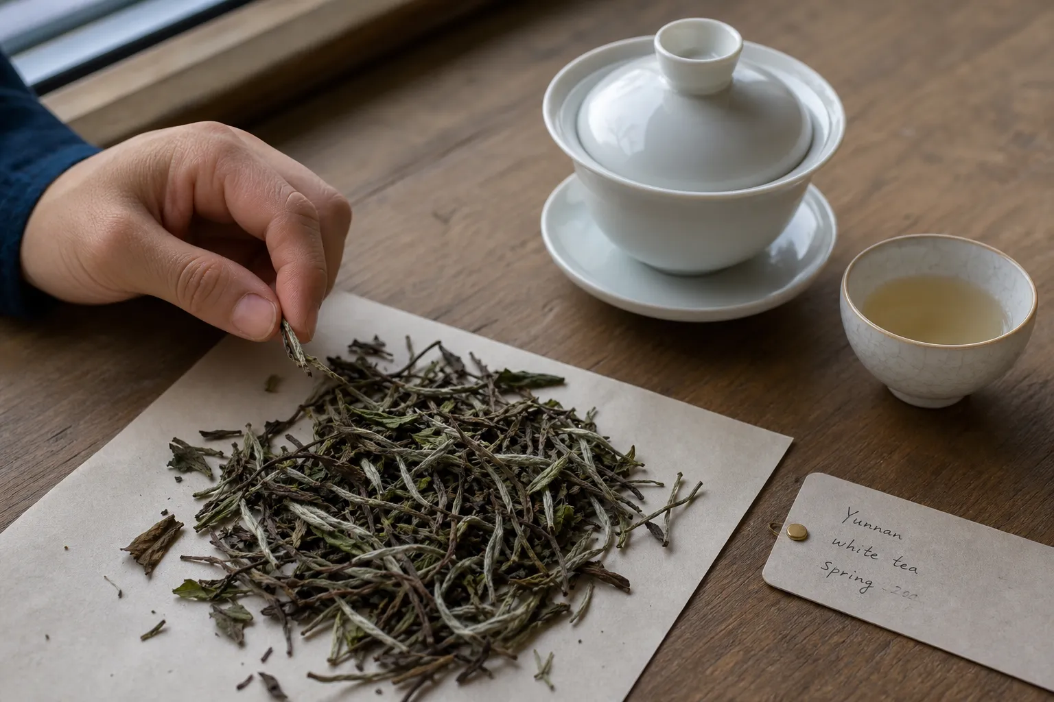 Yunnan white tea sample beside a gaiwan, tasting cup, and dry leaves ready for inspection